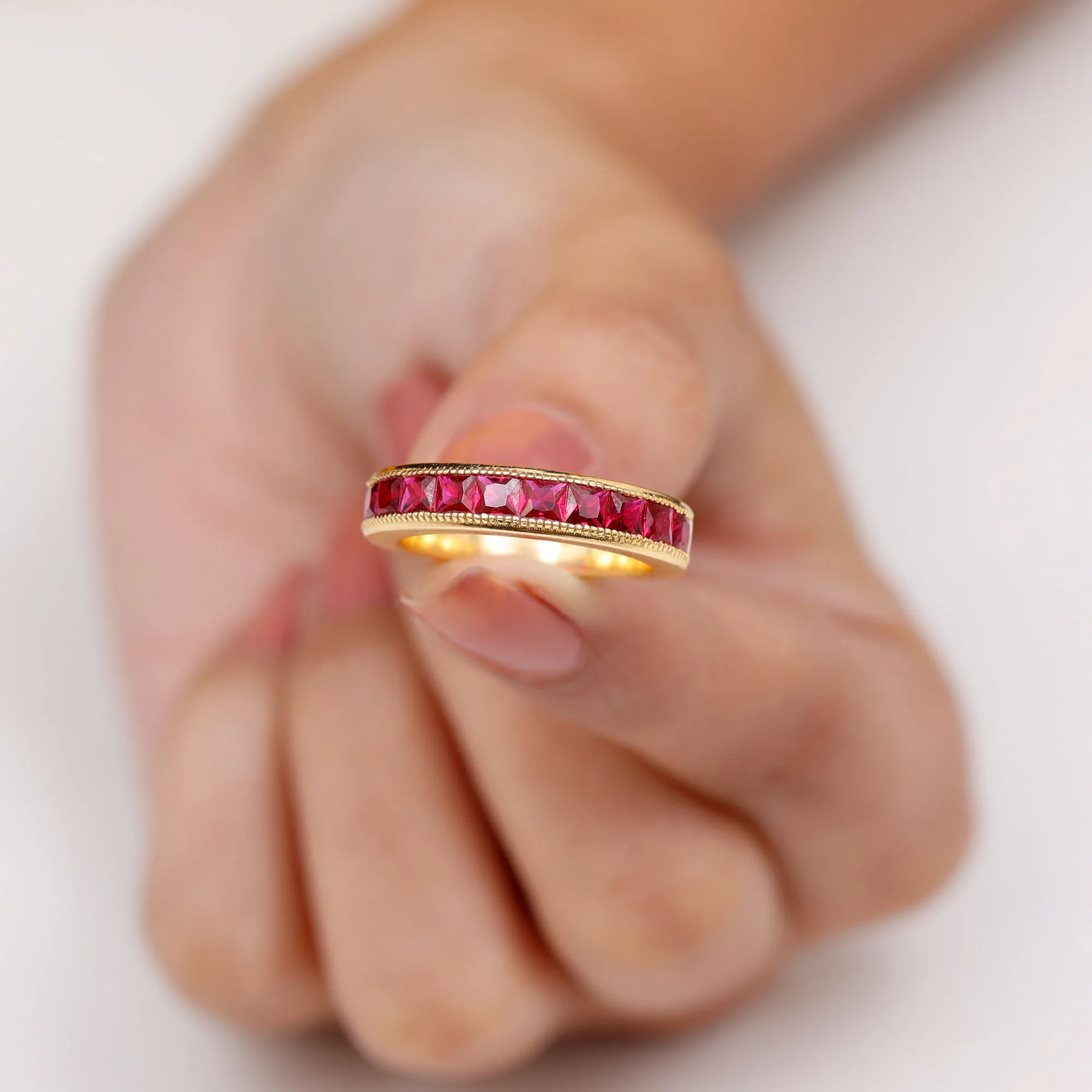 Channel Set Created Ruby Semi Eternity Band Ring with Milgrain Gold
