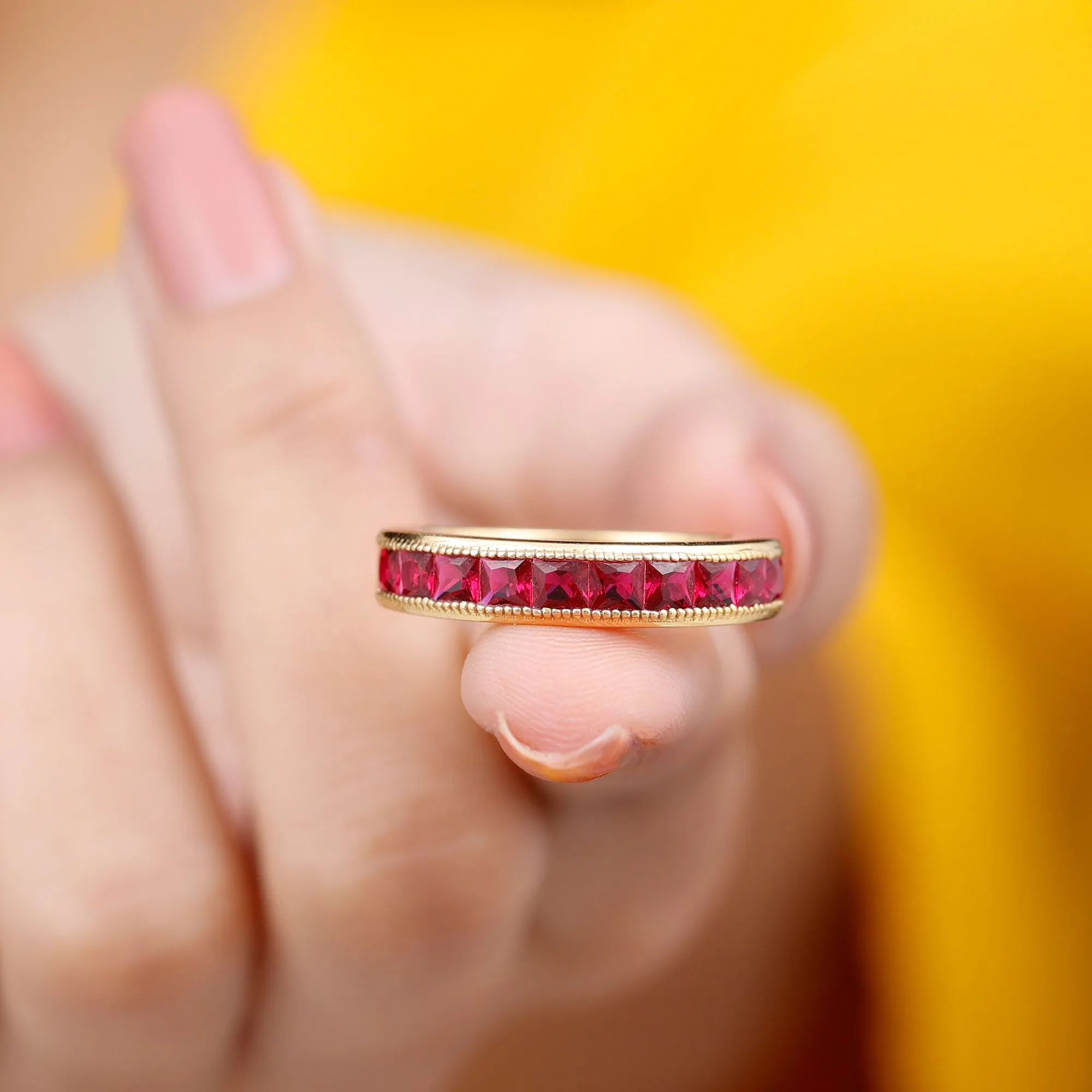 Channel Set Created Ruby Semi Eternity Band Ring with Milgrain Gold