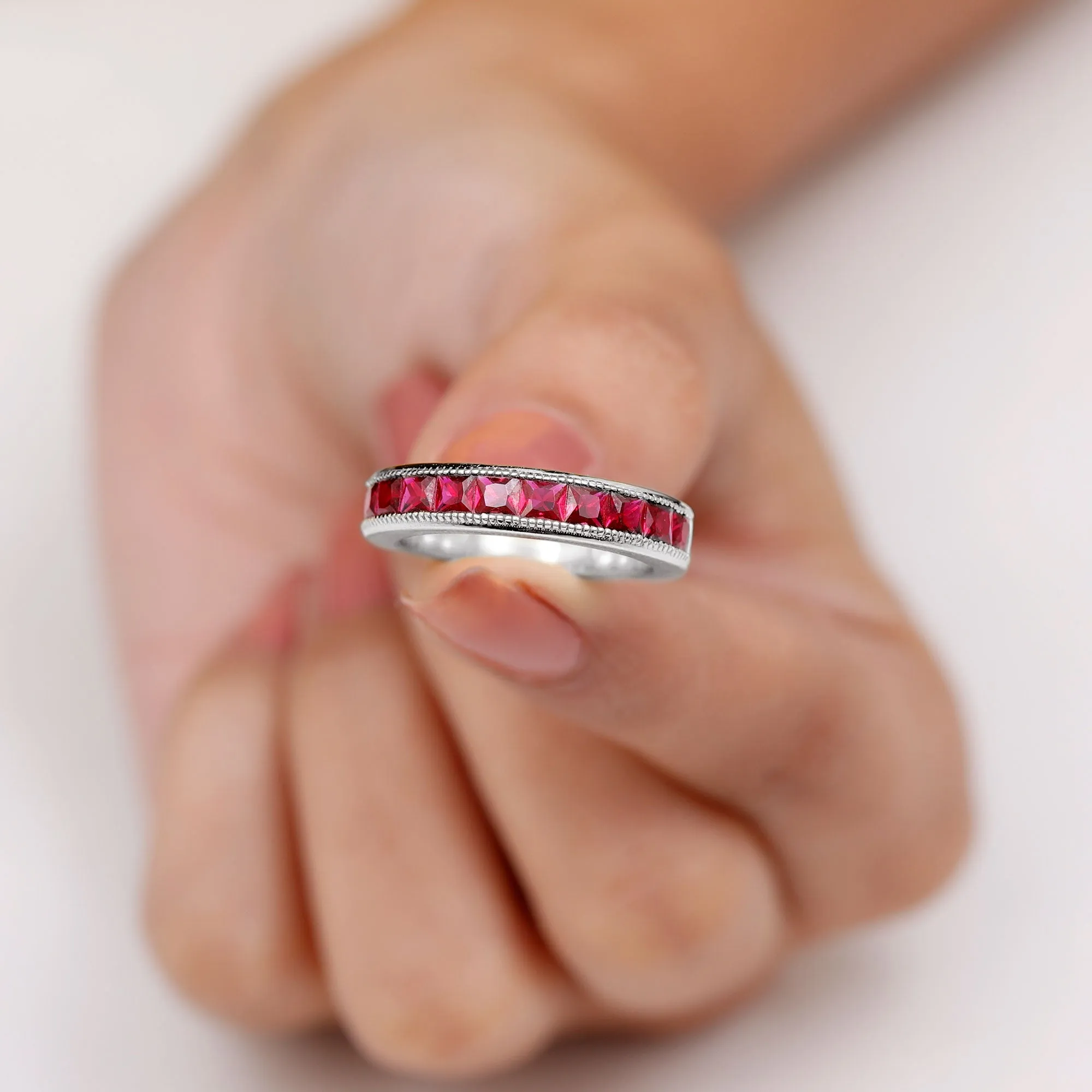 Channel Set Created Ruby Semi Eternity Band Ring with Milgrain Gold