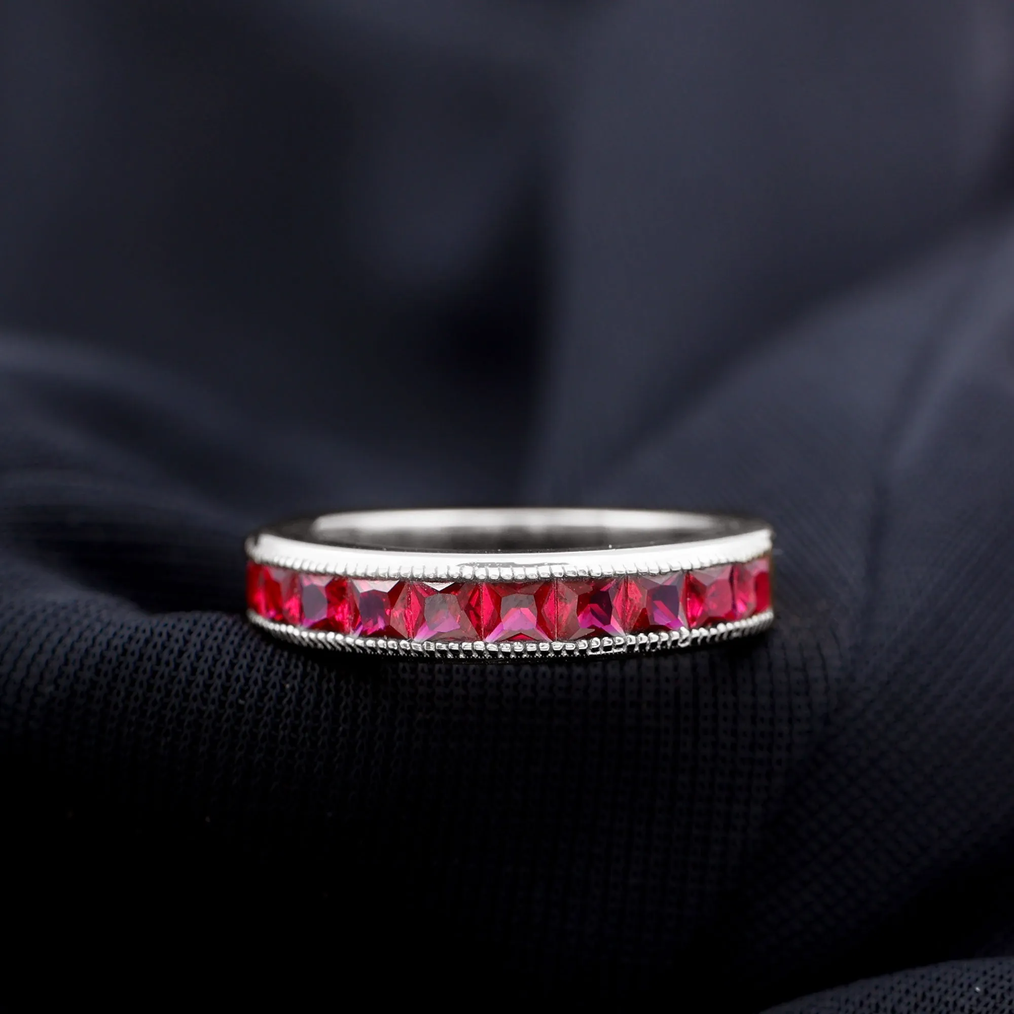 Channel Set Created Ruby Semi Eternity Band Ring with Milgrain Gold