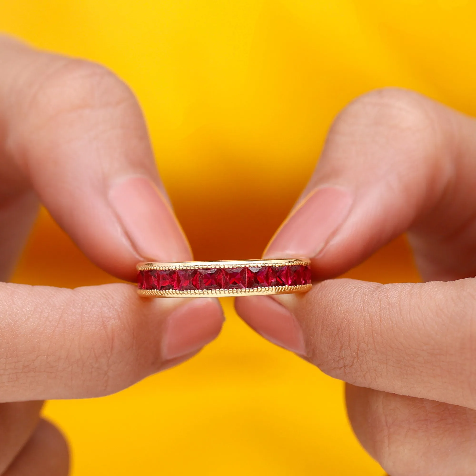 Channel Set Created Ruby Semi Eternity Band Ring with Milgrain Gold