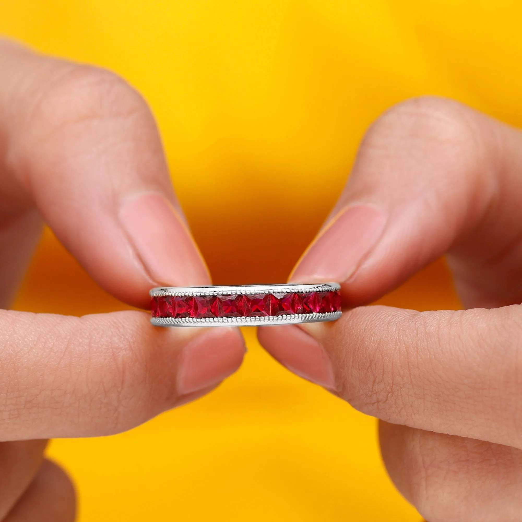 Channel Set Created Ruby Semi Eternity Band Ring with Milgrain Gold