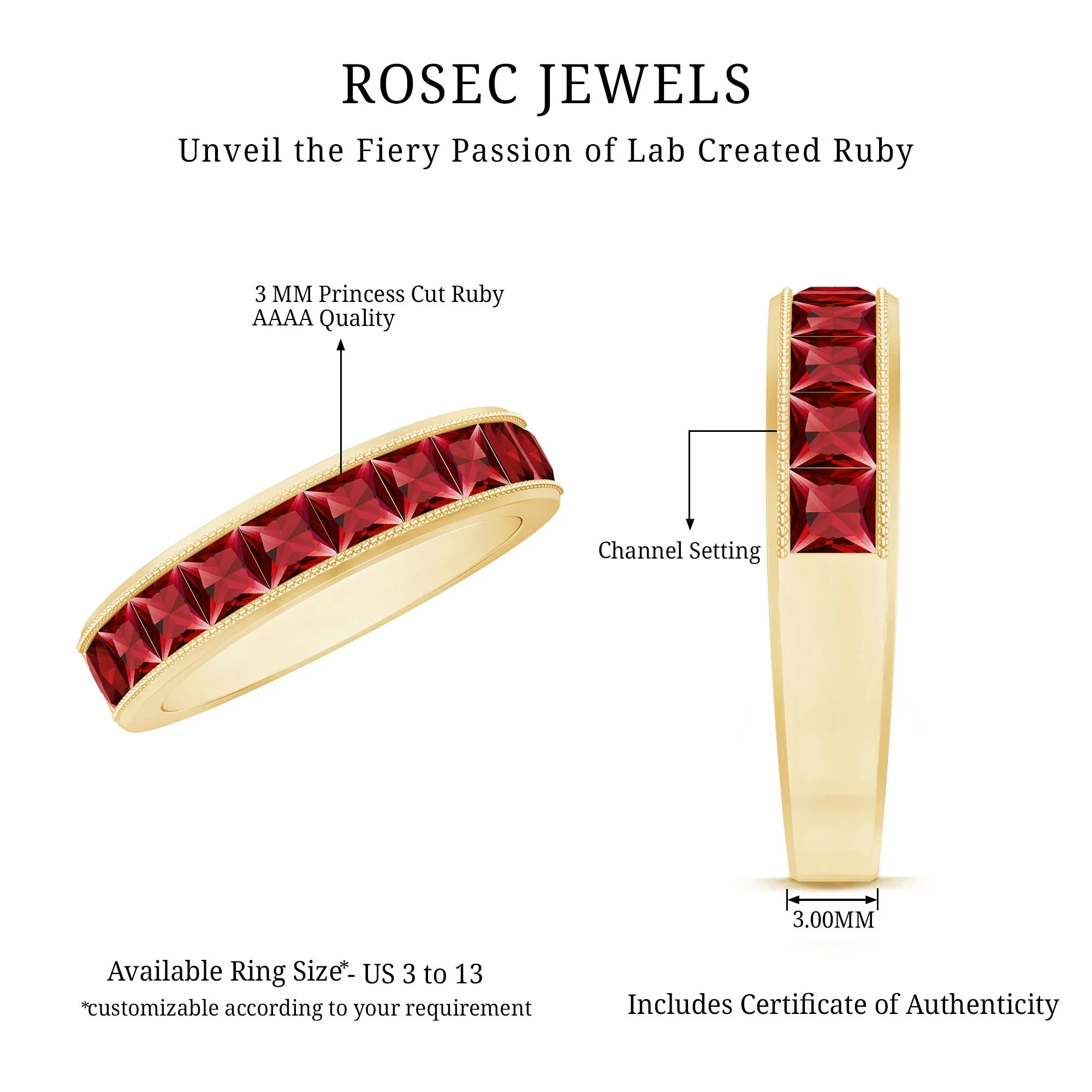 Channel Set Created Ruby Semi Eternity Band Ring with Milgrain Gold