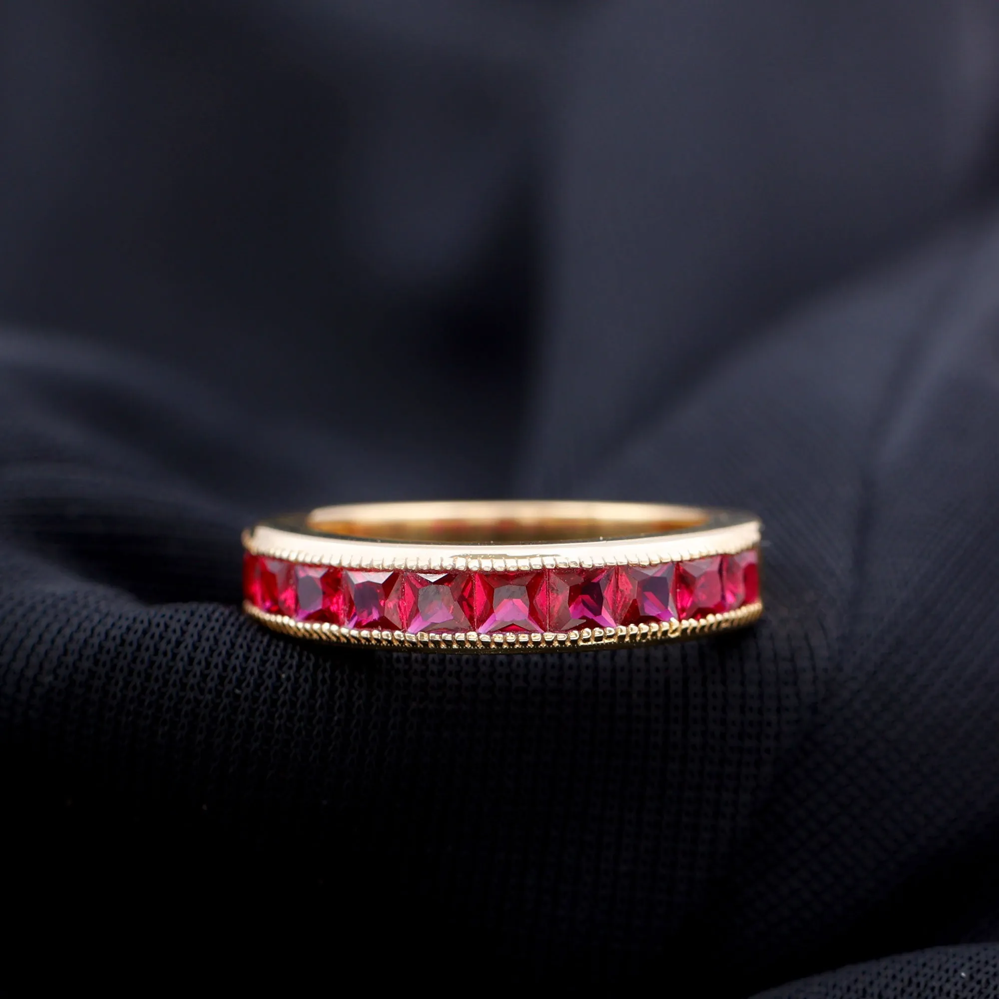 Channel Set Created Ruby Semi Eternity Band Ring with Milgrain Gold