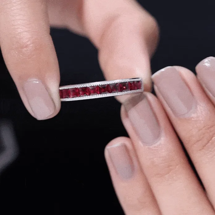 Channel Set Created Ruby Semi Eternity Band Ring with Milgrain Gold