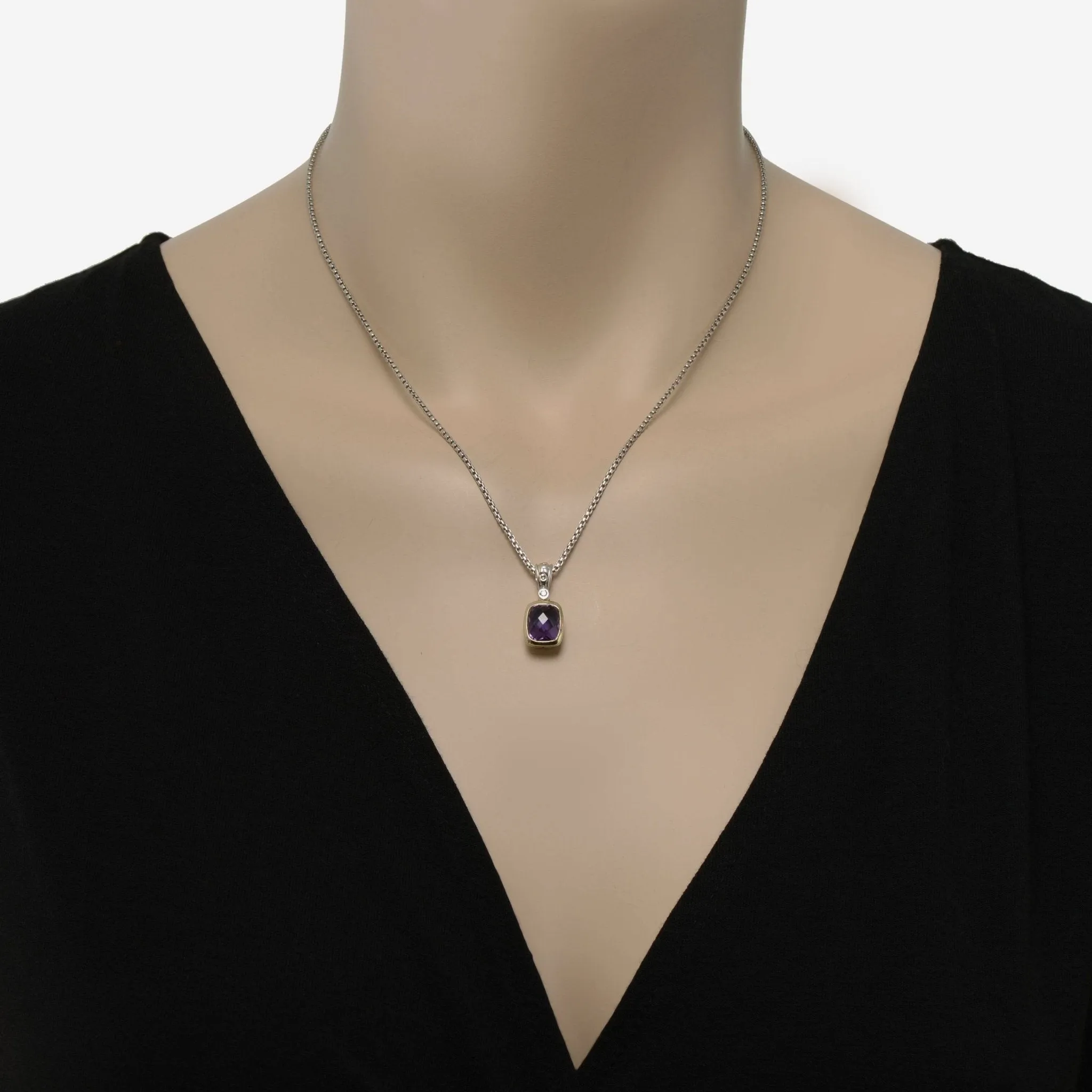 Charles Krypell Sterling Silver and 14k Yellow Gold, Amethyst and Diamond Pendant Necklace 4-6507-SLAD