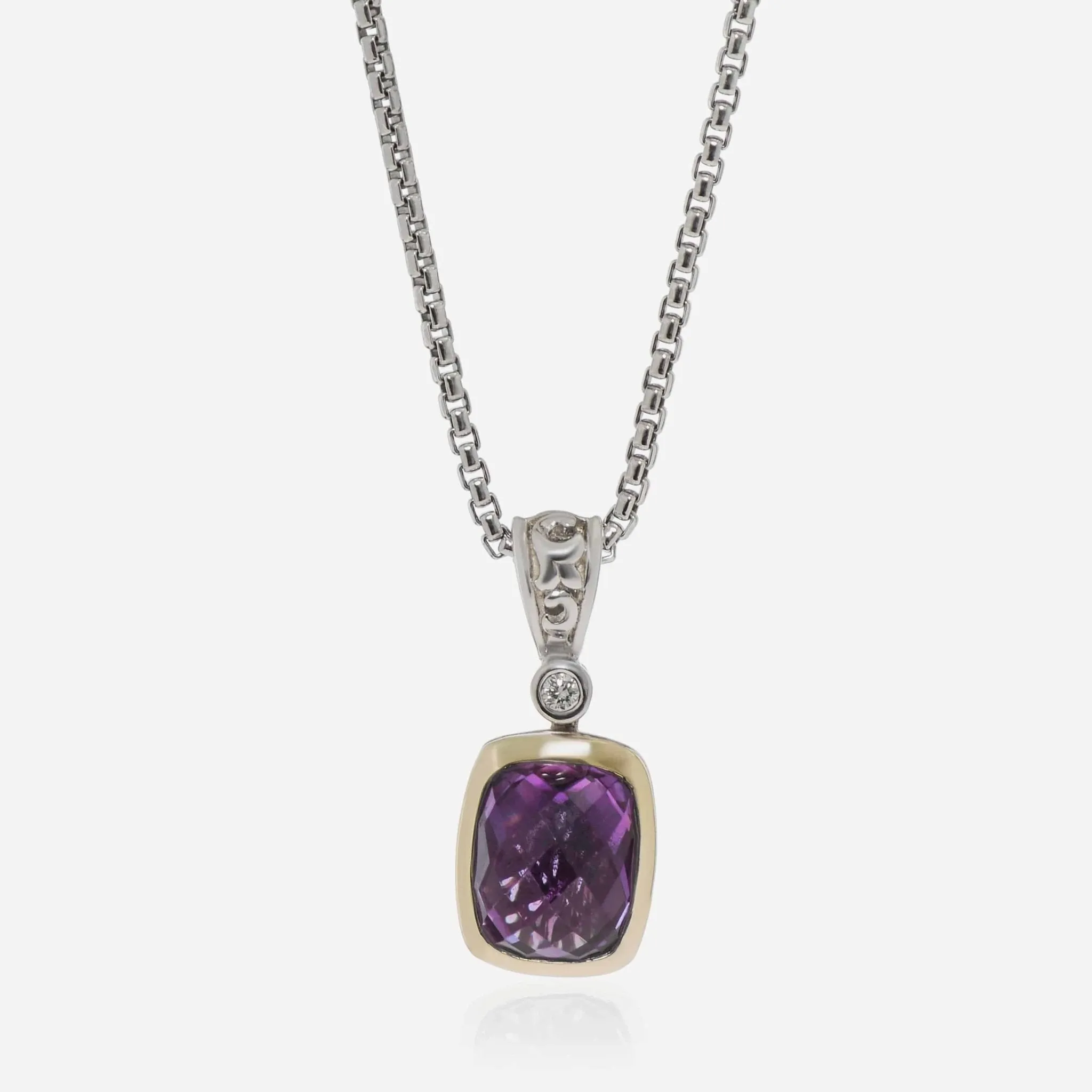 Charles Krypell Sterling Silver and 14k Yellow Gold, Amethyst and Diamond Pendant Necklace 4-6507-SLAD