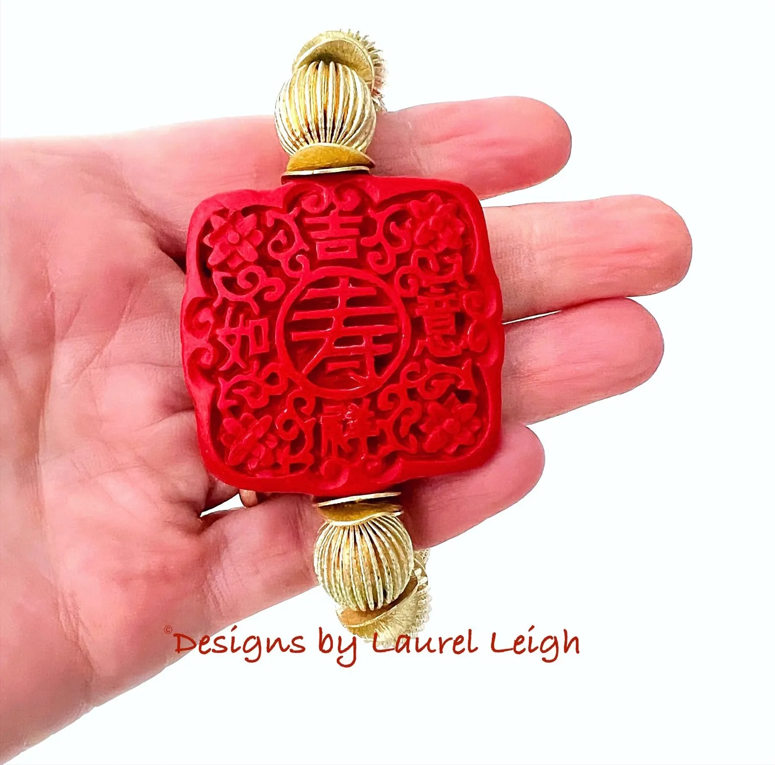 Chinoiserie Red Cinnabar Gold Bead Bracelet