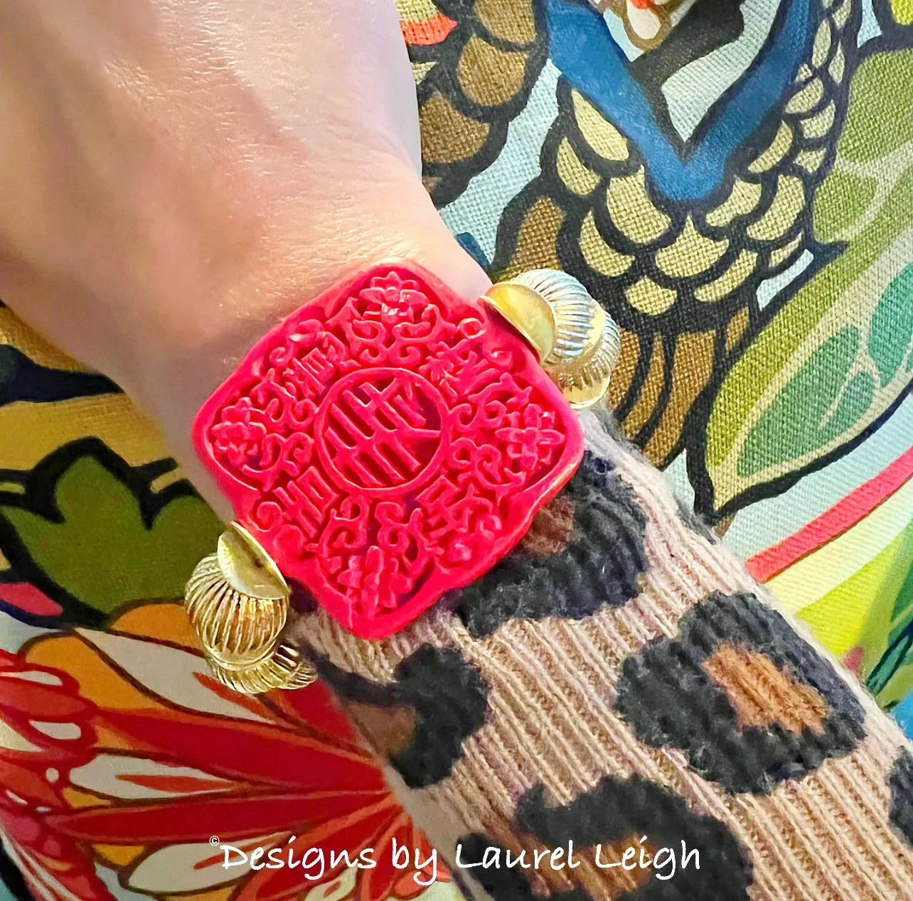 Chinoiserie Red Cinnabar Gold Bead Bracelet
