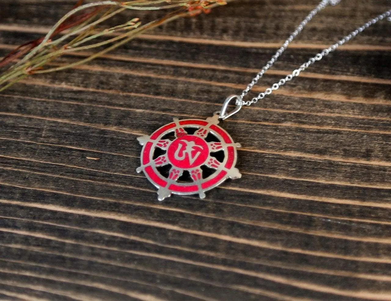 Coral Dharma Wheel Om Necklace