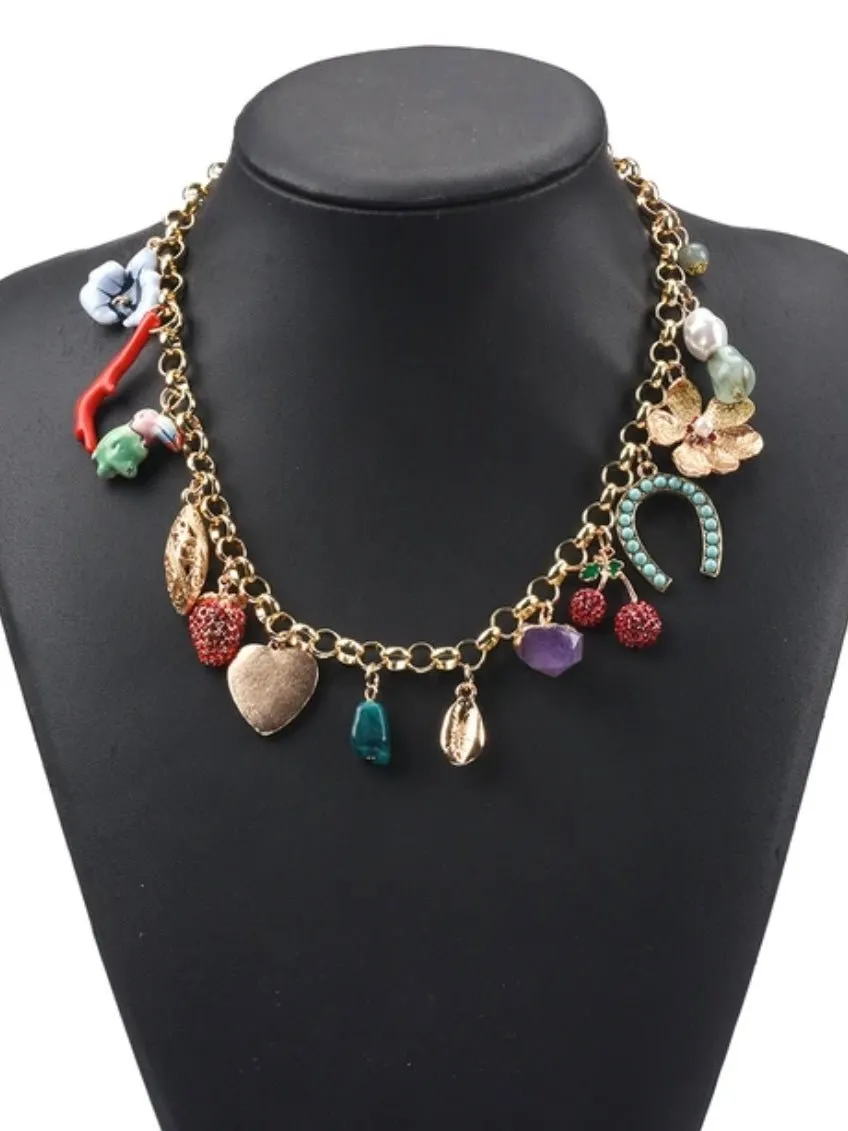Coral, wood, pearl, flower, stones and heart necklace