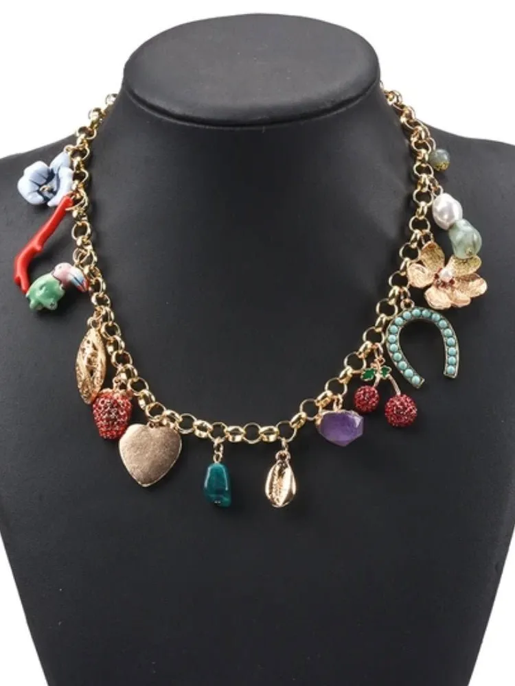 Coral, wood, pearl, flower, stones and heart necklace