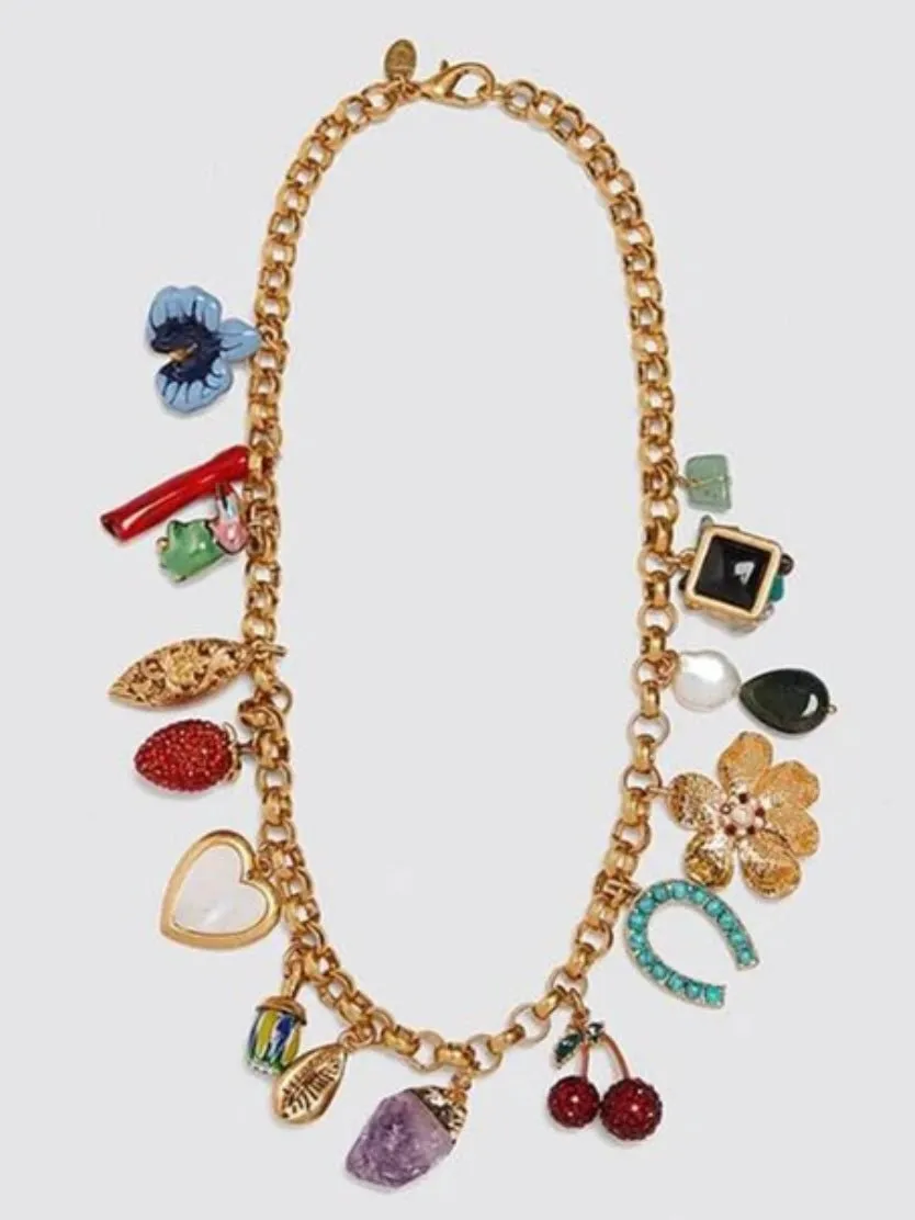 Coral, wood, pearl, flower, stones and heart necklace