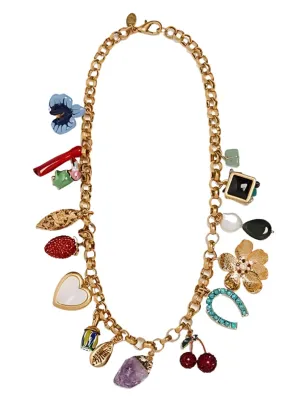 Coral, wood, pearl, flower, stones and heart necklace
