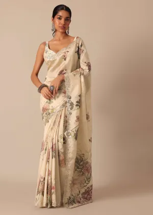 Cream Tussar Saree With Scallop Border And Unstitched Blouse Piece