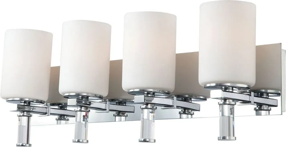 Crystal 4 Light Vanity In Chrome and White Opal Glass With Crystal Arm Detail