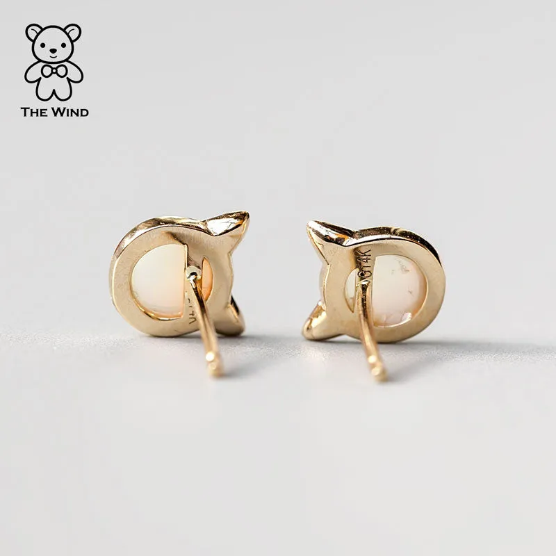 Cute Kitty Cat Ears Australian Solid Opal Stud Earrings 14k Yellow Gold