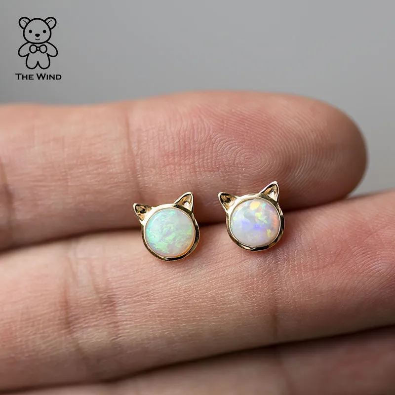 Cute Kitty Cat Ears Australian Solid Opal Stud Earrings 14k Yellow Gold