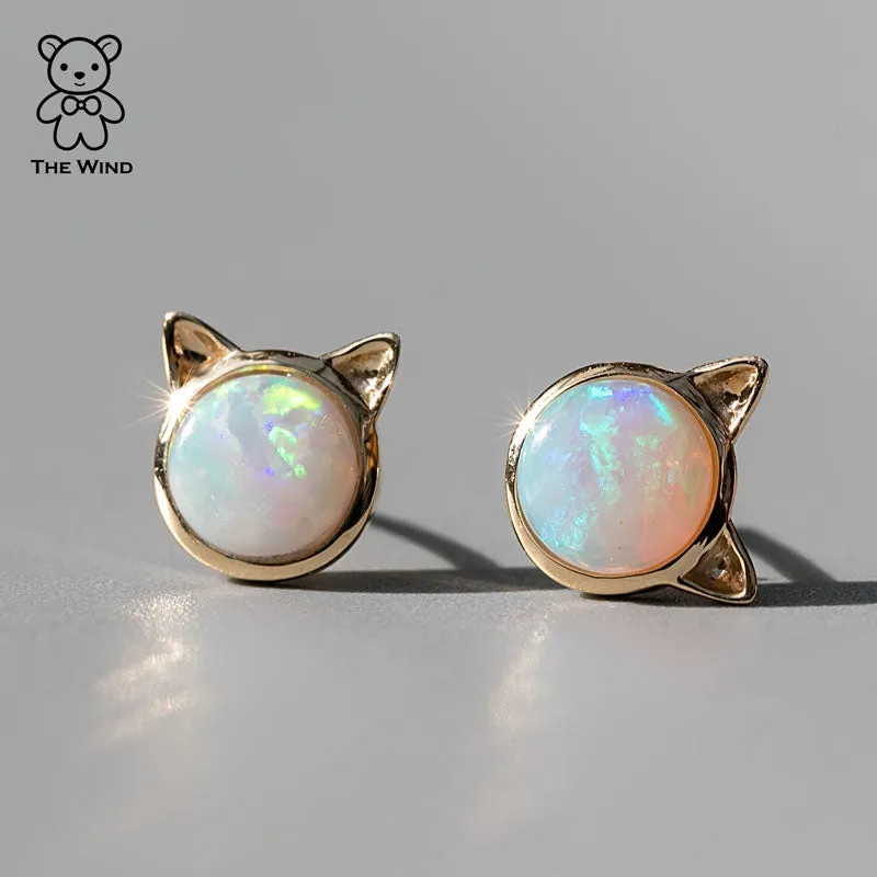 Cute Kitty Cat Ears Australian Solid Opal Stud Earrings 14k Yellow Gold