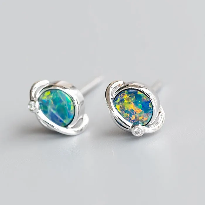 Earth Moon Design Australian Doublet Opal & Diamond Stud Earrings 18K Yellow Gold