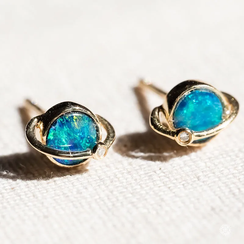 Earth Moon Design Australian Doublet Opal & Diamond Stud Earrings 18K Yellow Gold