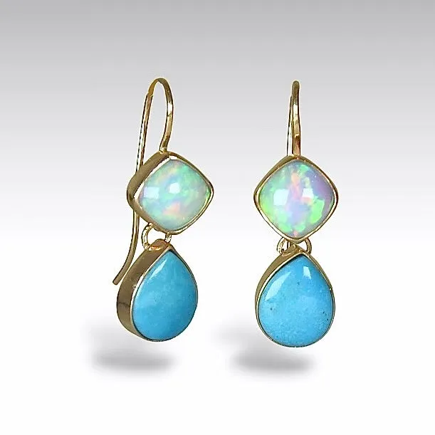ETHIOPIAN OPAL & NACOZARI TURQUOISE 14K GOLD FILL DROP EARRINGS