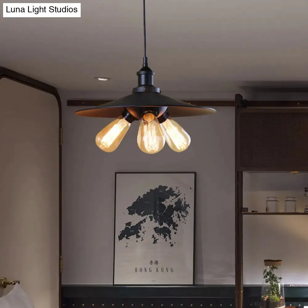 Flared Industrial Chandelier Light Fixture - 3-Light Metal Pendant Lighting in Black for Restaurants