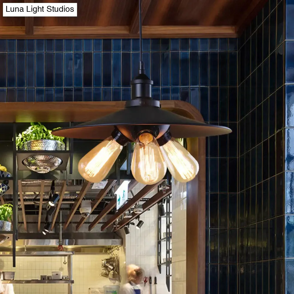 Flared Industrial Chandelier Light Fixture - 3-Light Metal Pendant Lighting in Black for Restaurants