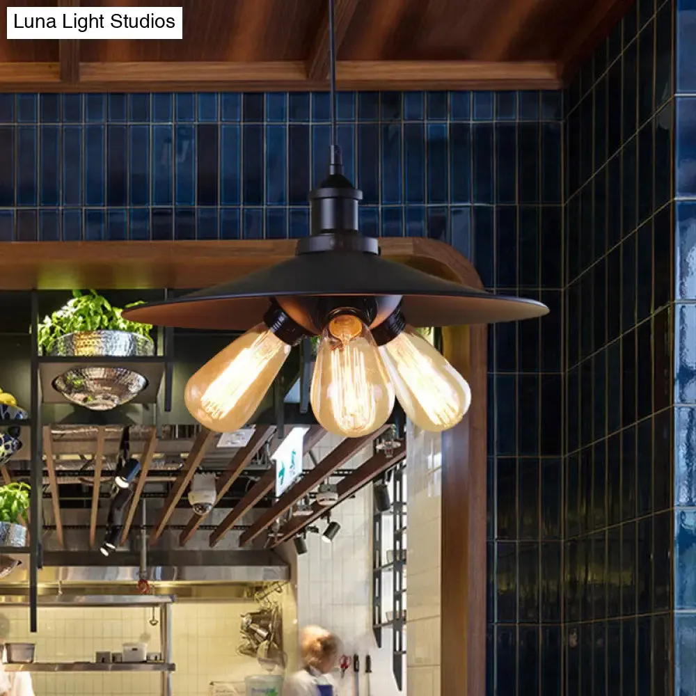 Flared Industrial Chandelier Light Fixture - 3-Light Metal Pendant Lighting in Black for Restaurants