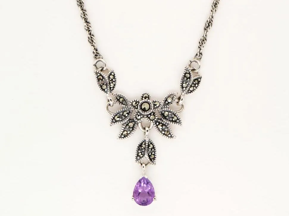 Floral Petal Necklace with Amethyst and Marcasite in Silver, Anniversary gift