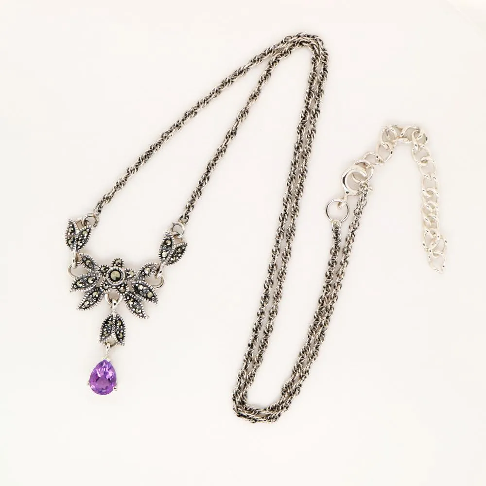 Floral Petal Necklace with Amethyst and Marcasite in Silver, Anniversary gift