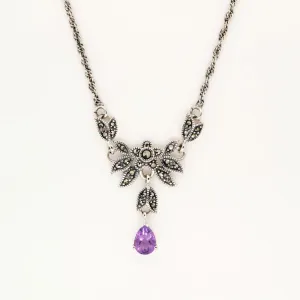 Floral Petal Necklace with Amethyst and Marcasite in Silver, Anniversary gift