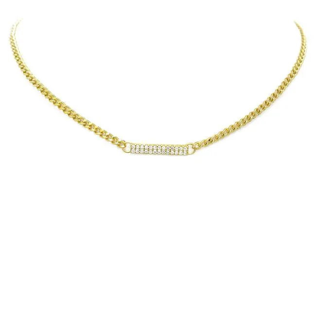 Gold Cubic Zirconia Pave Bar Necklace