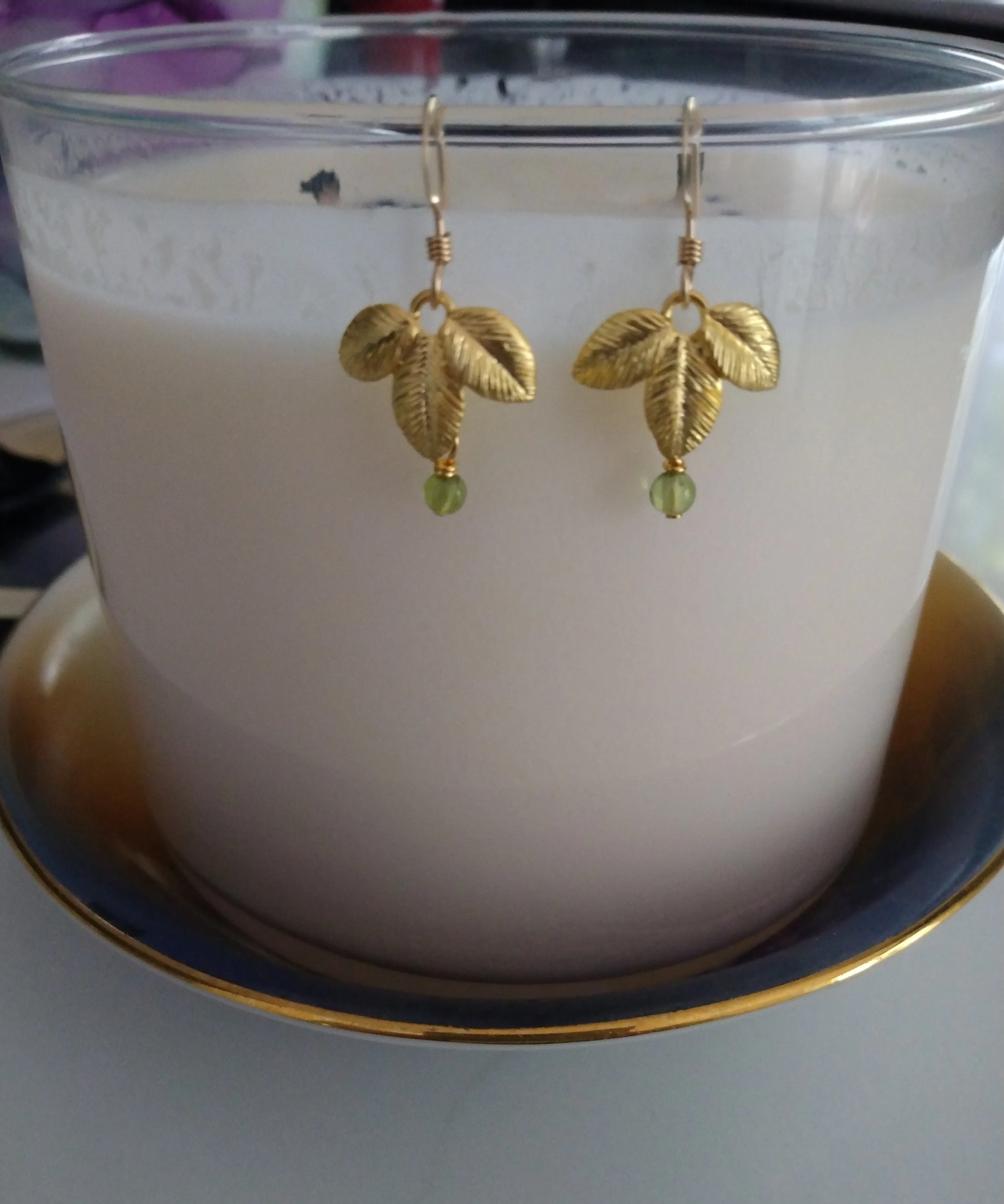 Gold Exotic Matte Leaf With Peridot Earrings