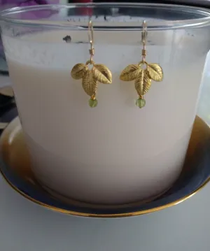 Gold Exotic Matte Leaf With Peridot Earrings
