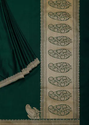 Green Banarasi Satin Crepe Saree With Zari Border And Unstitched Blouse Piece
