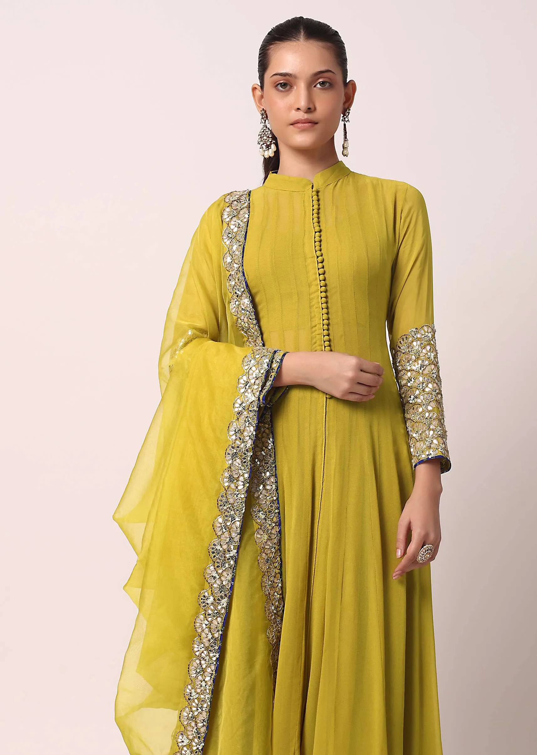 Green Palazzo Set With Embroidered Anarkali