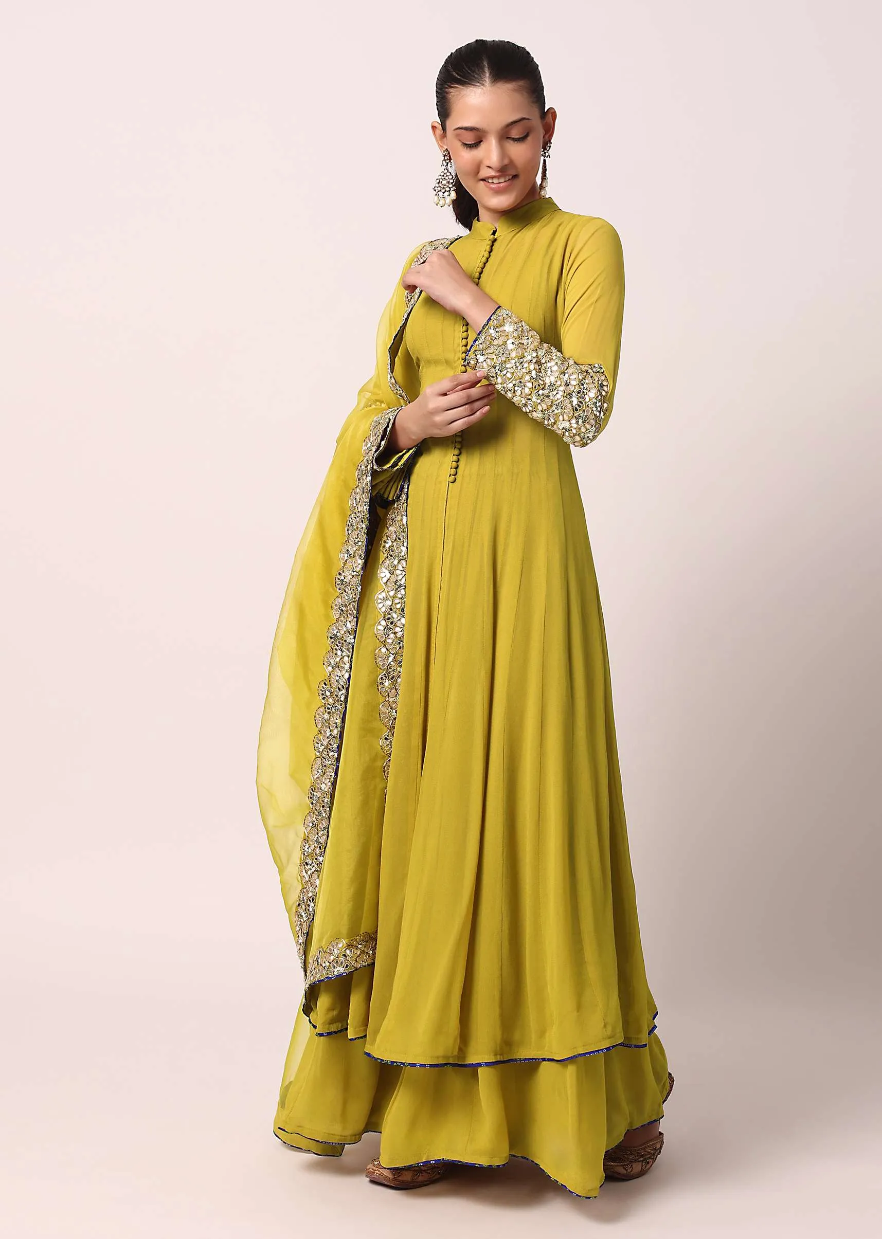 Green Palazzo Set With Embroidered Anarkali