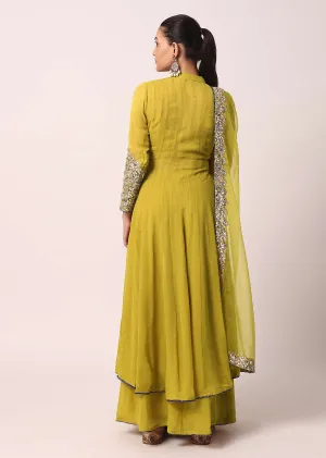 Green Palazzo Set With Embroidered Anarkali
