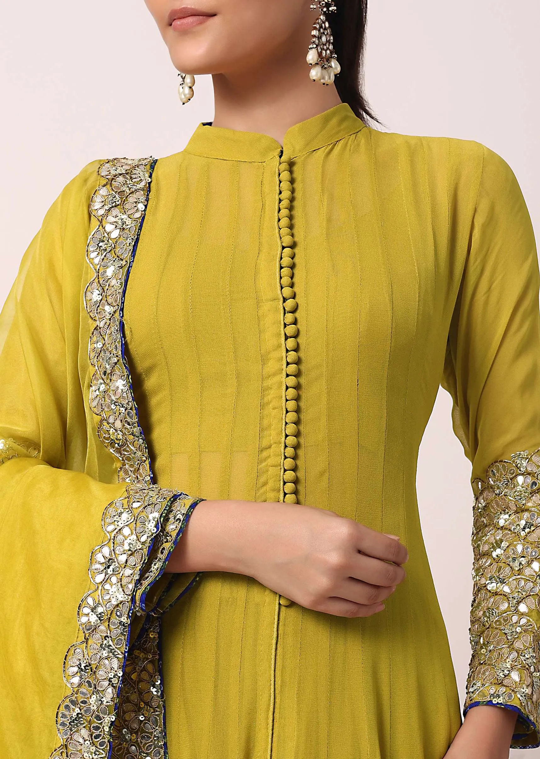 Green Palazzo Set With Embroidered Anarkali