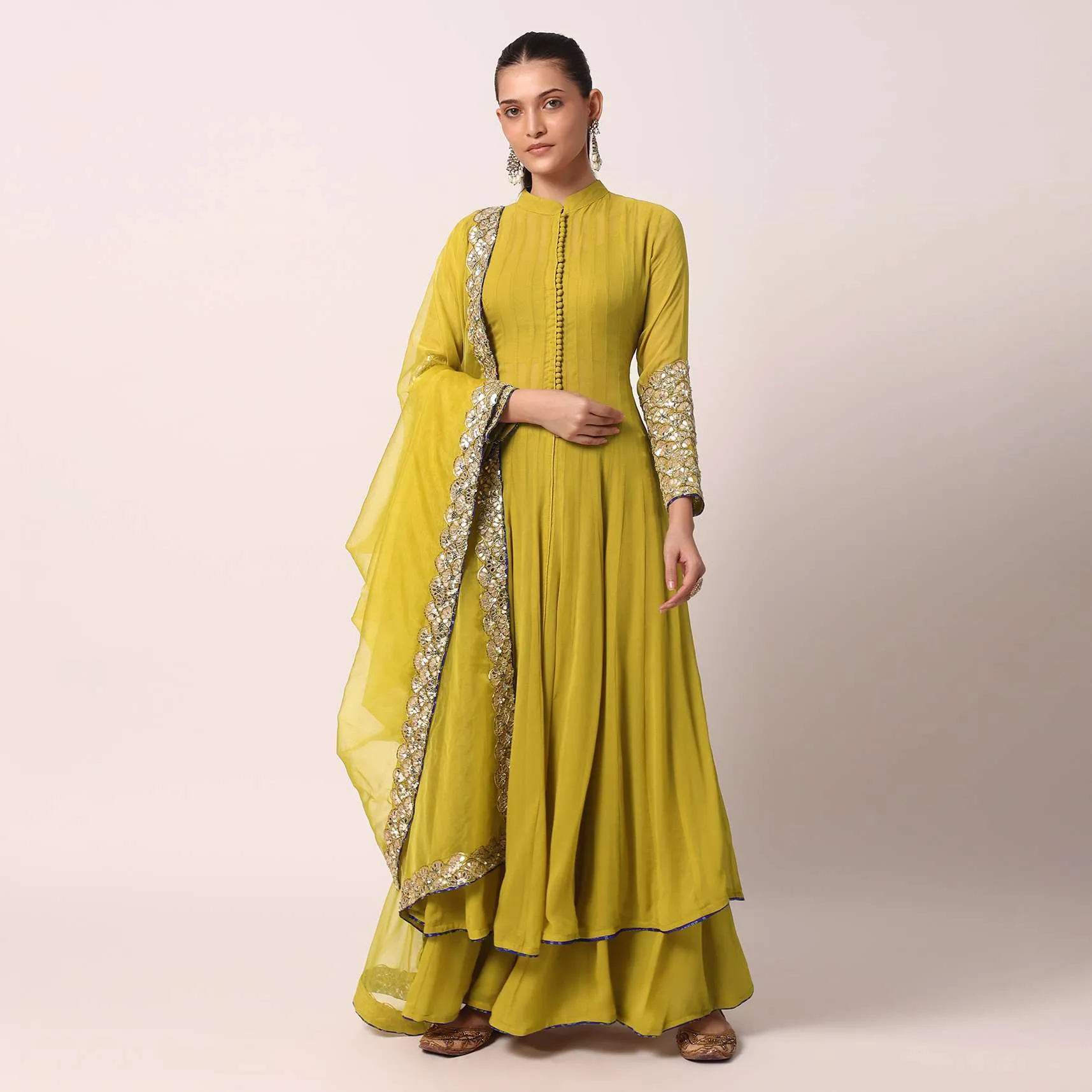 Green Palazzo Set With Embroidered Anarkali