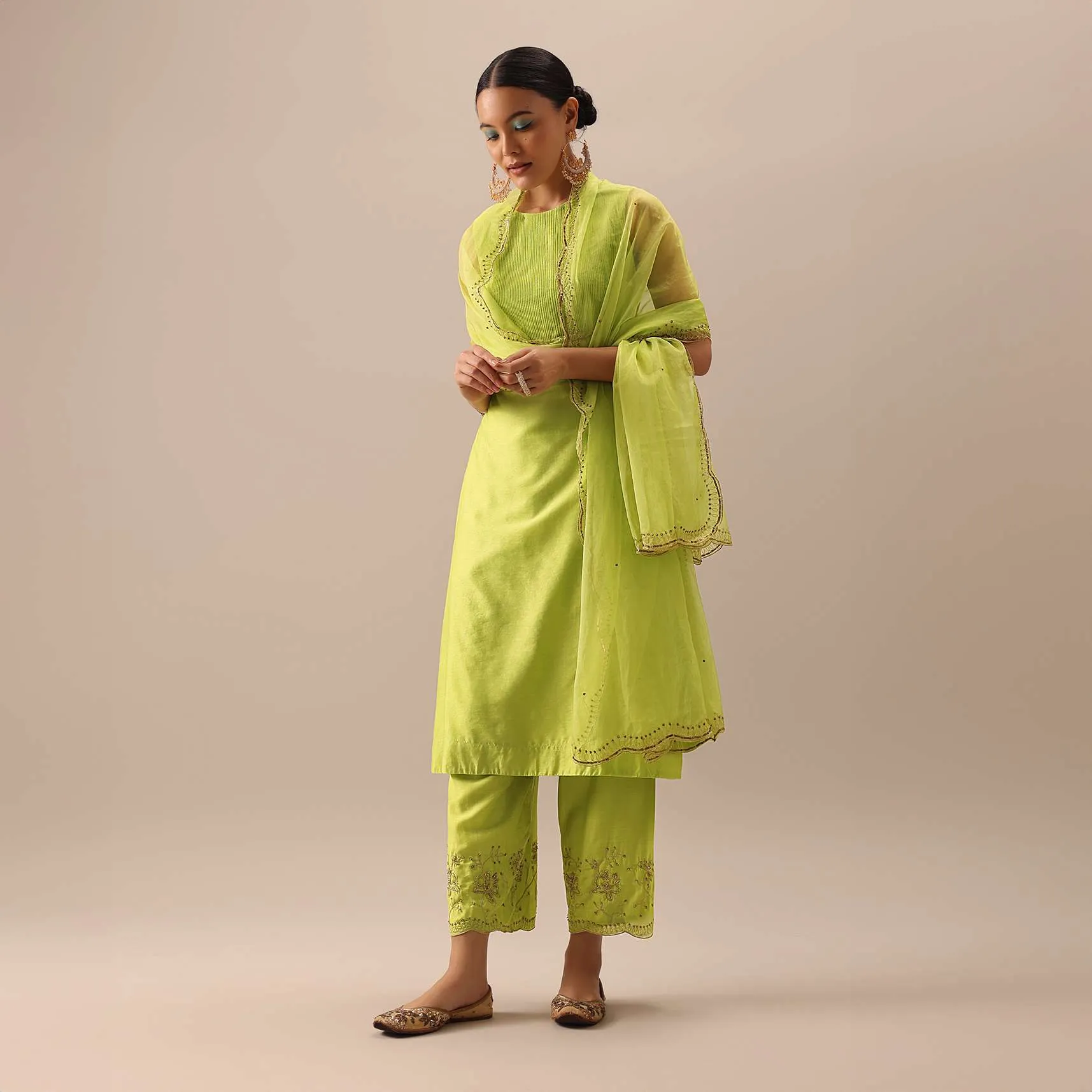 Green Pintuck Anarkali Set with Organza Dupatta