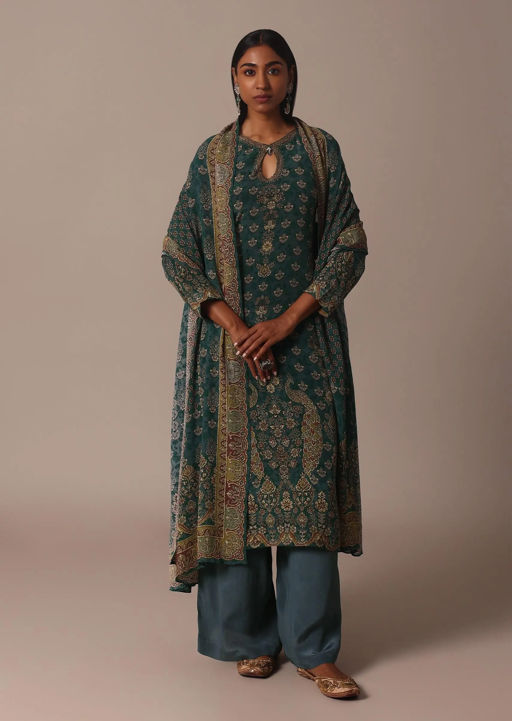 Green Printed Crepe With Stone Work Kurta Palazzo Set