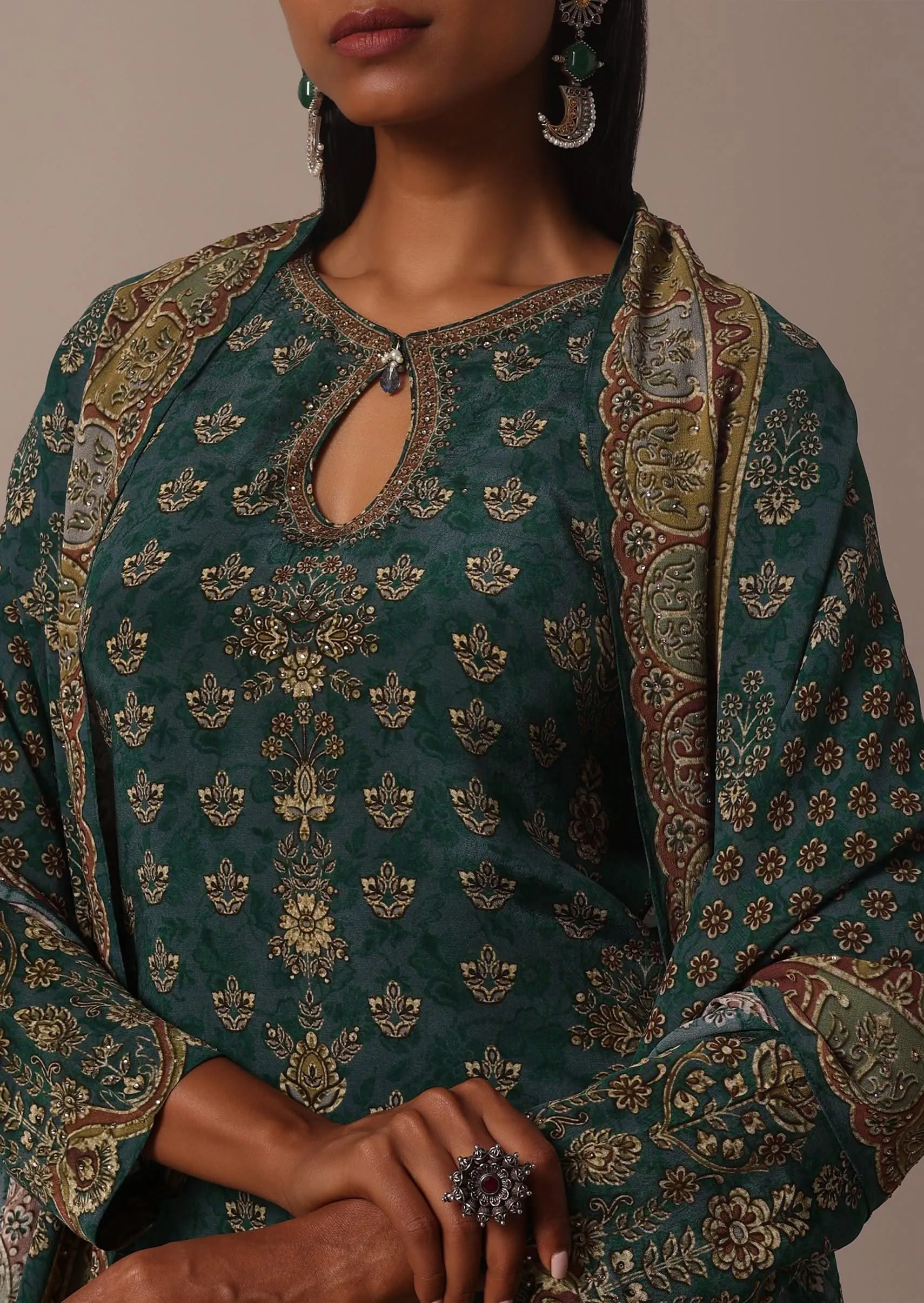 Green Printed Crepe With Stone Work Kurta Palazzo Set