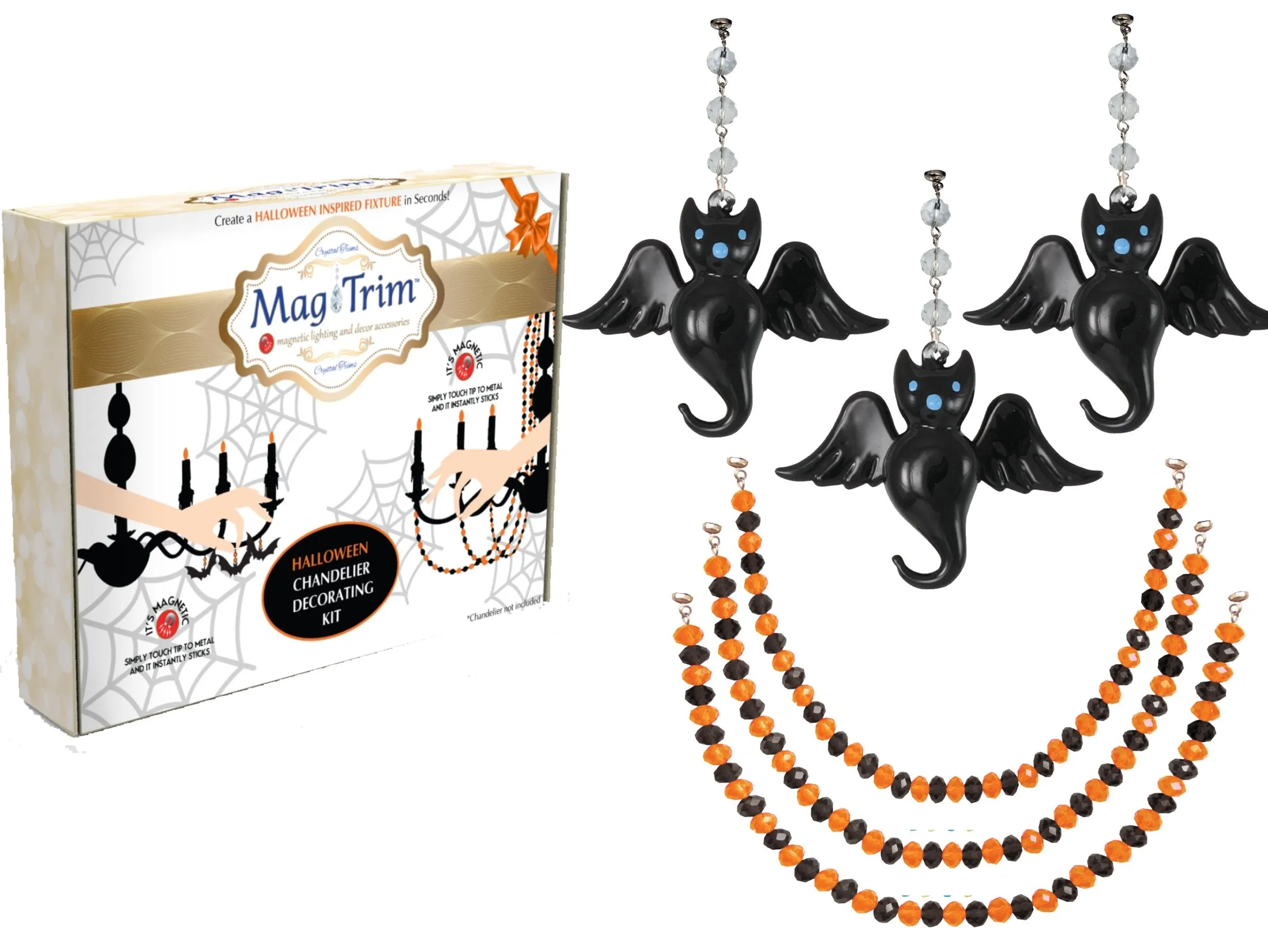 HALLOWEEN CHANDELIER MAKEOVER KIT - (3)Glass Bat   (3)12" Orange/Black Garland