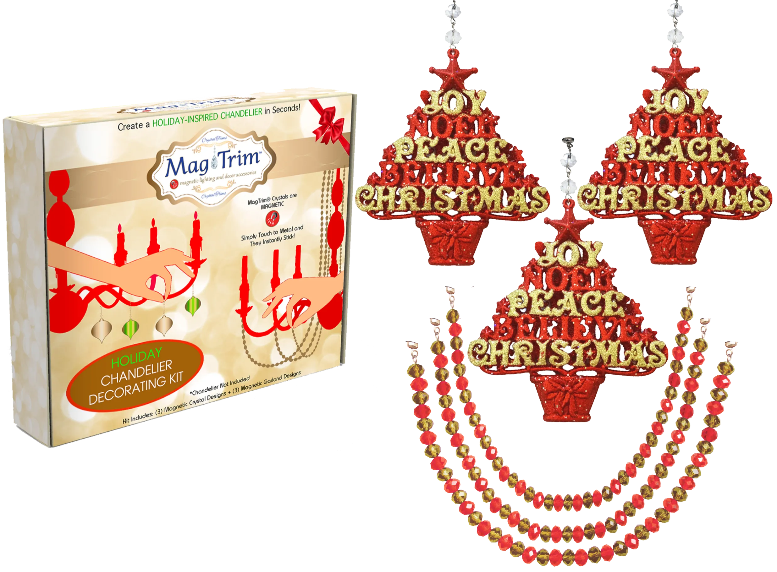 HOLIDAY CHANDELIER MAKEOVER KIT - (3) Red Gold Cross   (3) 12" Red/Gold Garland