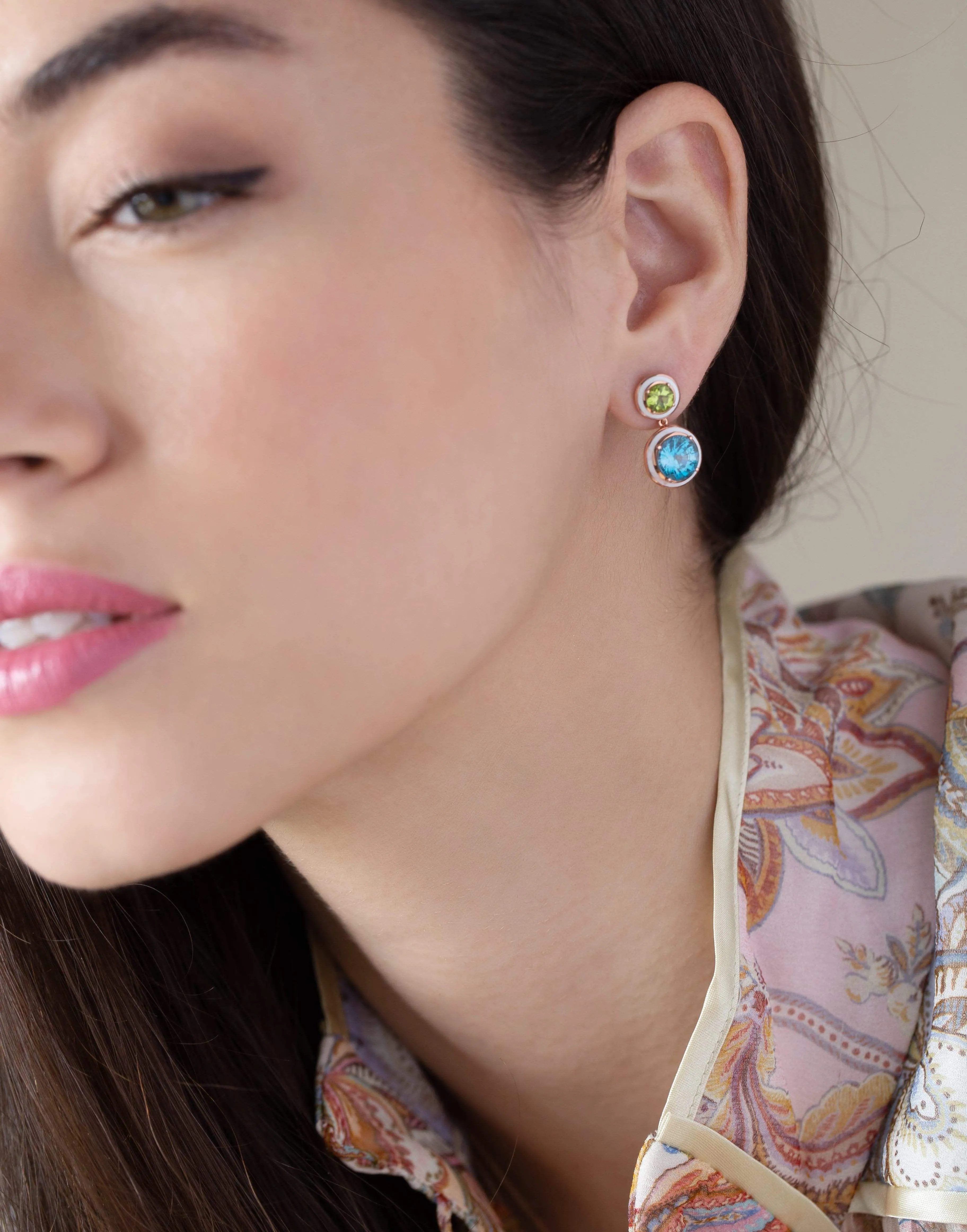 Hyacinth, Peridot and White Enamel Earrings