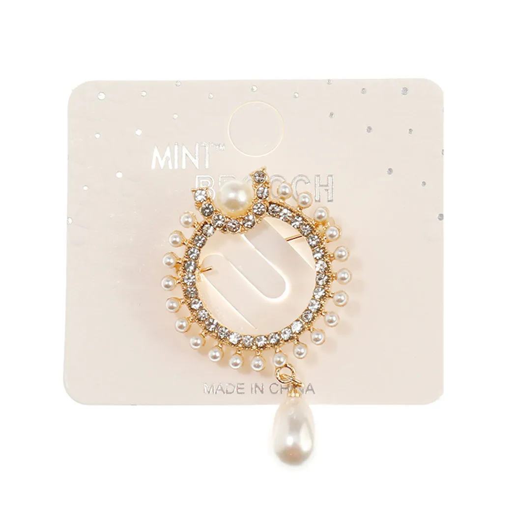 JAH42888-Rhinestone Pearl Drop Brooch