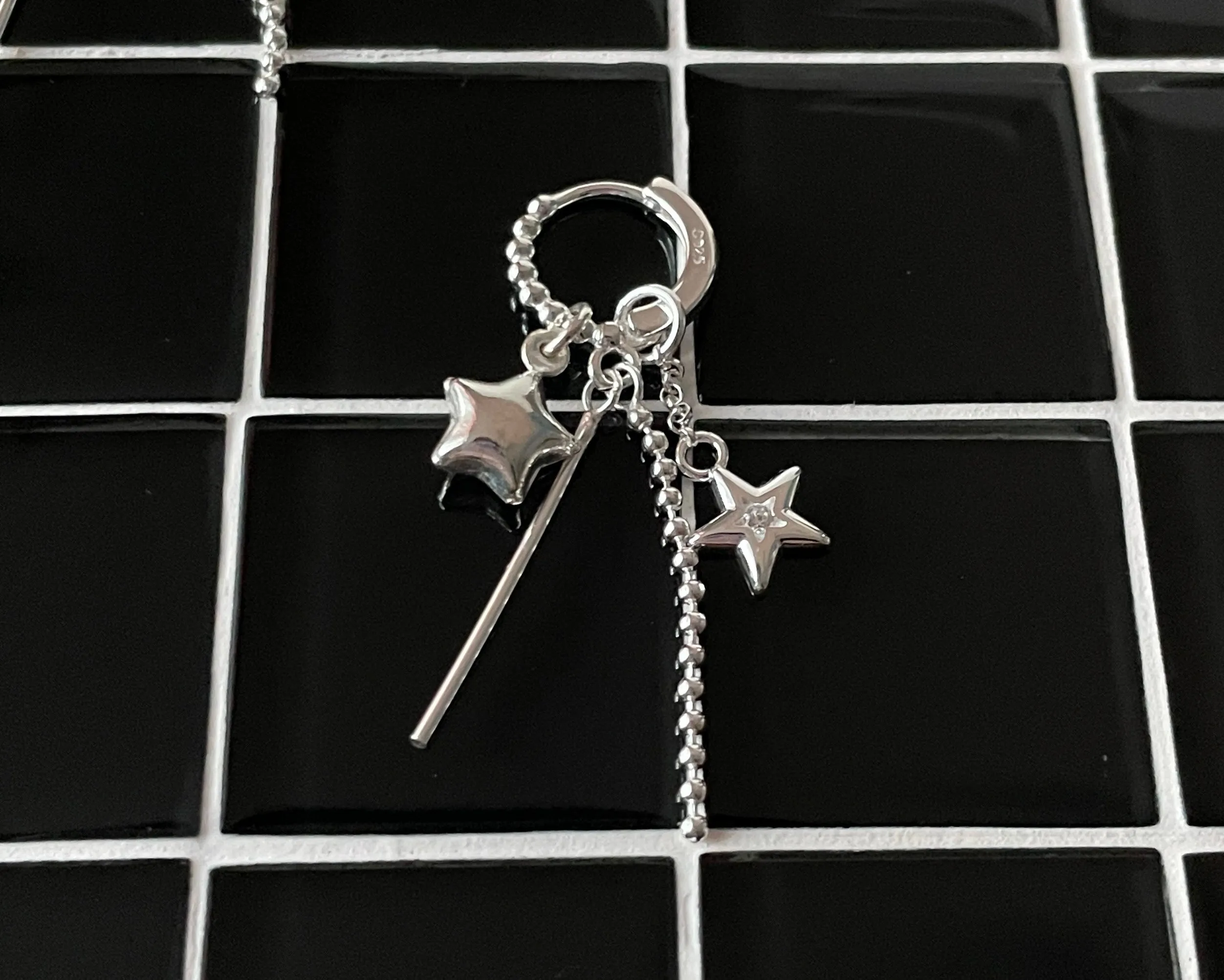 Kiki 925 Sterling Silver Tassel Star Hoop Earrings