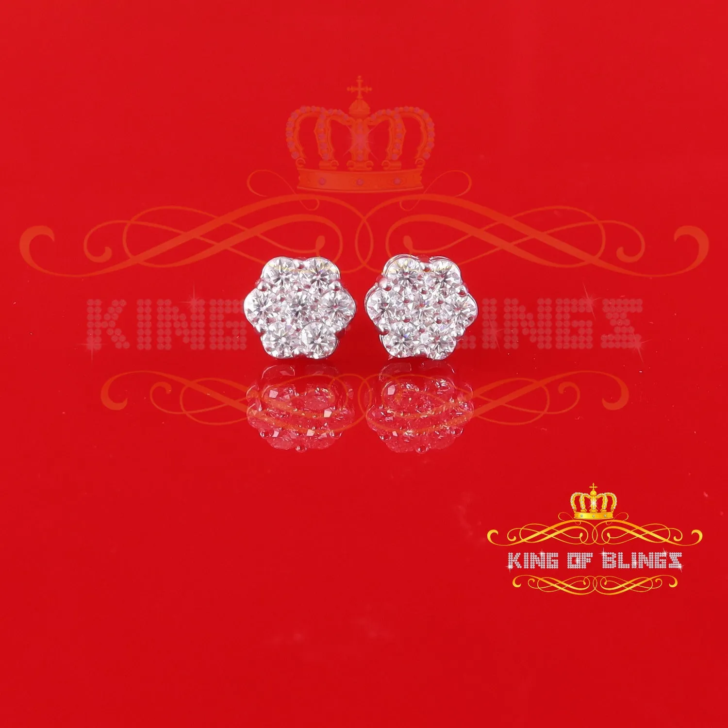 King of Bling's Men's/Women's 925 Silver White 1.66ct VVS 'D' Moissanite Floral Stud Earrings